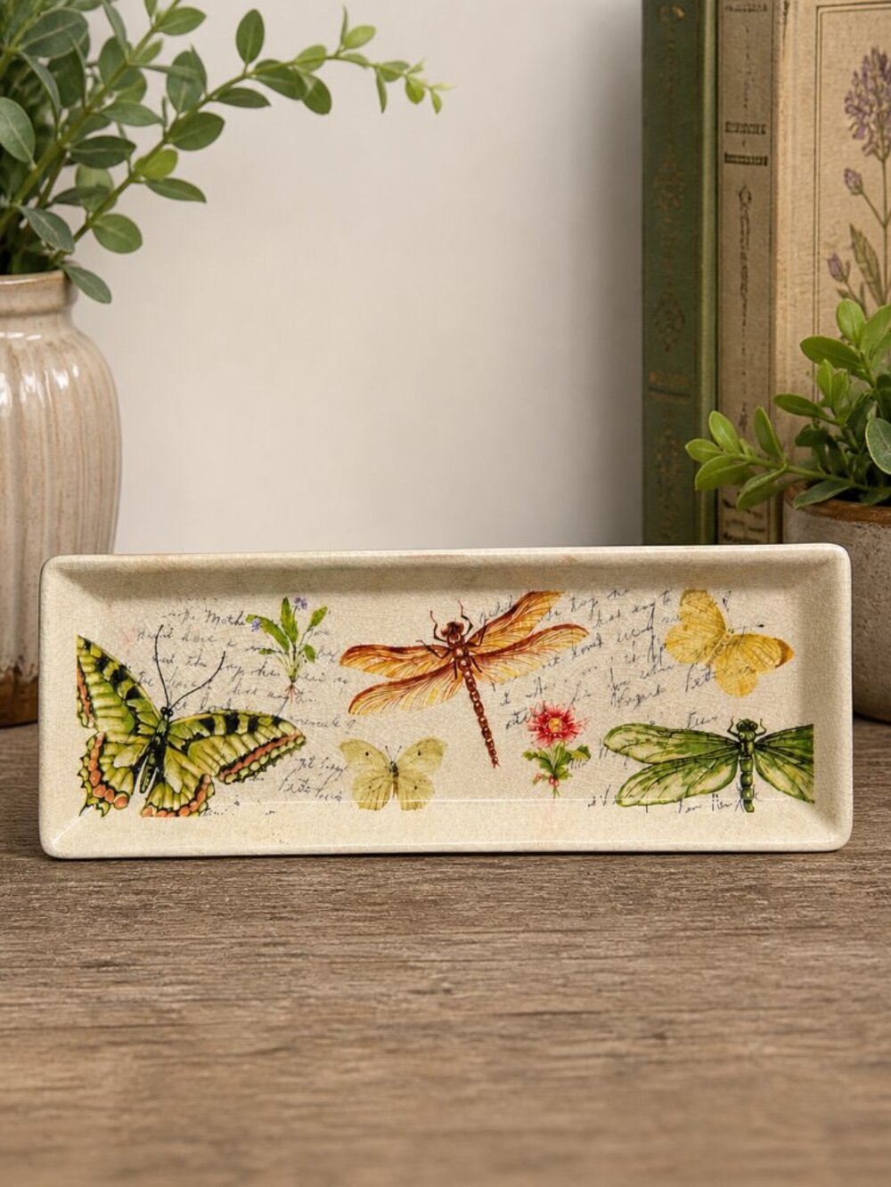 Yankee Candle Butterfly Dragonfly Ceramic Tray Trinket Dish Crackle Glaze 9.25"